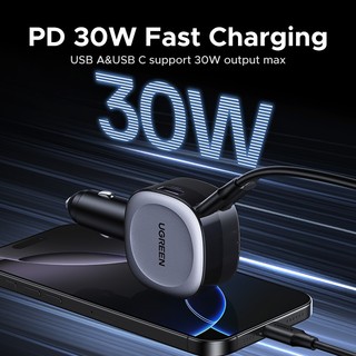 Bộ sạc ô tô UGREEN 75W Linh hoạt có thể thu vào 3 cổng USB A PD 30W Sạc nhanh với cáp USB C 75cm cho Samsung S25 Ultra