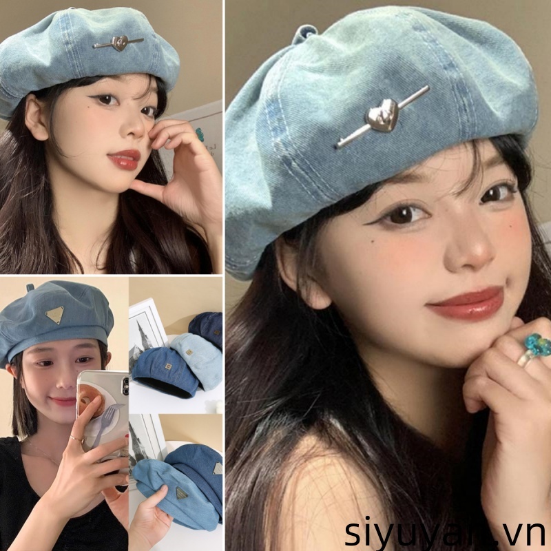 Siyuyan 1 Bông Tai Kẹp Retro Denim Mũ Cho Nữ Xuân Hè Du Lịch Đa Năng Thời Trang Tình Yêu Pin Ngọt Ngào Họa Sĩ Mũ VN