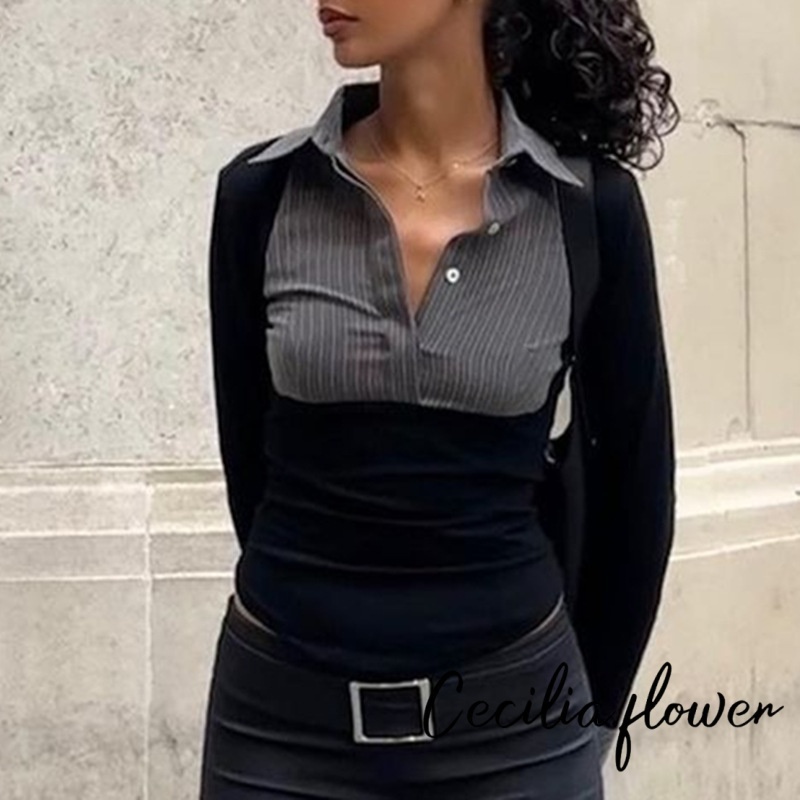 Áo thun nữ mùa xuân thu dài tay có nút ve áo màu tương phản Slim Fit Áo sơ mi
