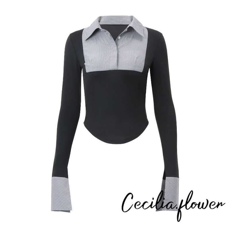 Áo thun nữ mùa xuân thu dài tay có nút ve áo màu tương phản Slim Fit Áo sơ mi