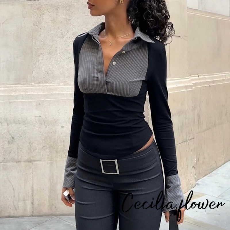 Áo thun nữ mùa xuân thu dài tay có nút ve áo màu tương phản Slim Fit Áo sơ mi