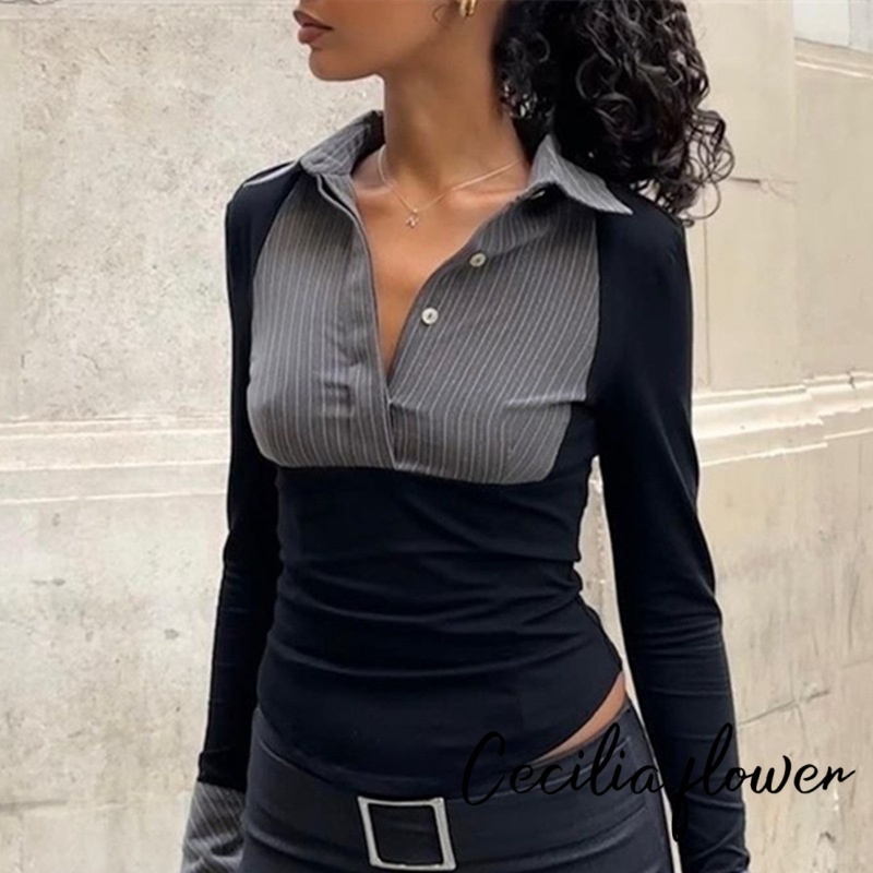 Áo thun nữ mùa xuân thu dài tay có nút ve áo màu tương phản Slim Fit Áo sơ mi