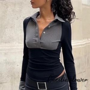 Áo thun nữ mùa xuân thu dài tay có nút ve áo màu tương phản Slim Fit Áo sơ mi