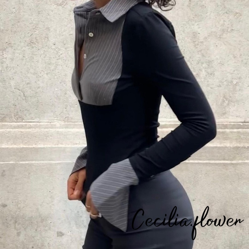 Áo thun nữ mùa xuân thu dài tay có nút ve áo màu tương phản Slim Fit Áo sơ mi