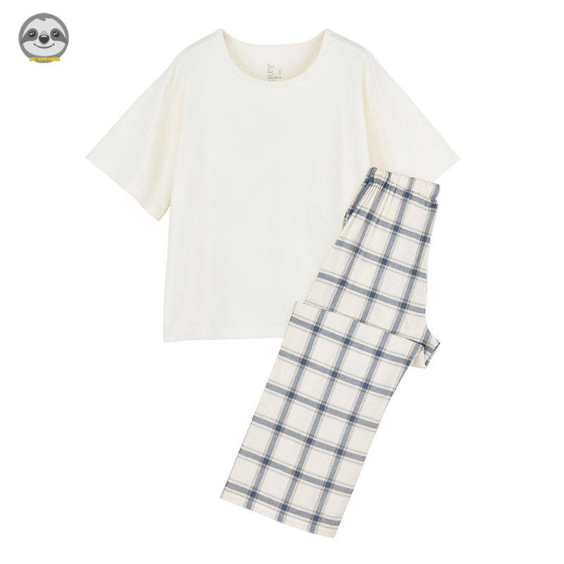 Phong cách Nhật Bản Muji Style / Đồ ngủ ngắn tay bằng vải Cotton / Bộ đồ ngủ kẻ sọc màu hỗn hợp / Đồ ngủ cặp đôi thân thiện với da mềm mại