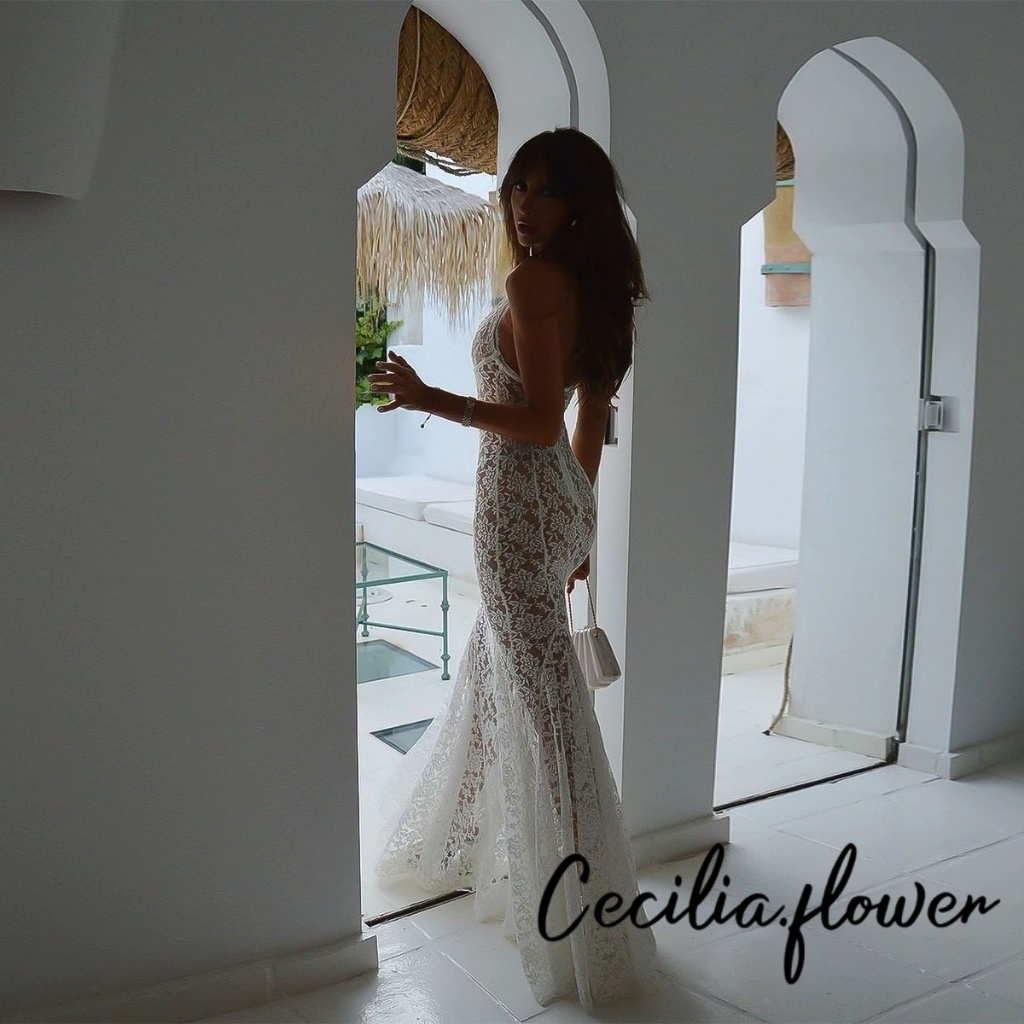 Phụ Nữ Mùa Hè Gợi Cảm Ren Sheer Lưới Không Tay Dây Cổ Bodycon Dài Đuôi Cá Đầm