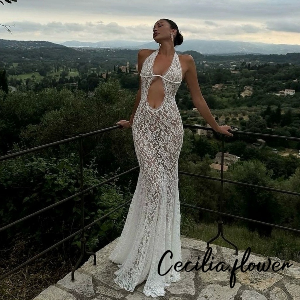 Phụ Nữ Mùa Hè Gợi Cảm Ren Sheer Lưới Không Tay Dây Cổ Bodycon Dài Đuôi Cá Đầm