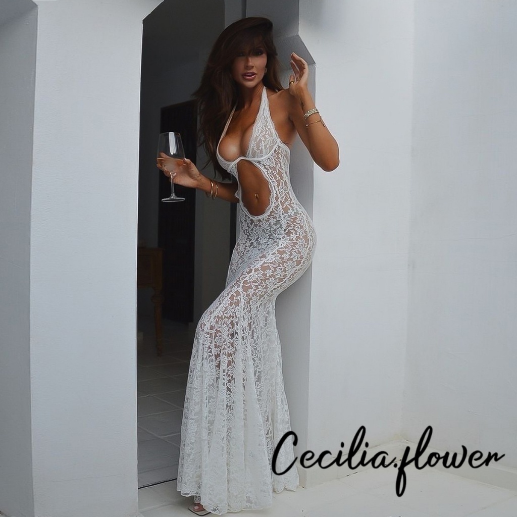 Phụ Nữ Mùa Hè Gợi Cảm Ren Sheer Lưới Không Tay Dây Cổ Bodycon Dài Đuôi Cá Đầm