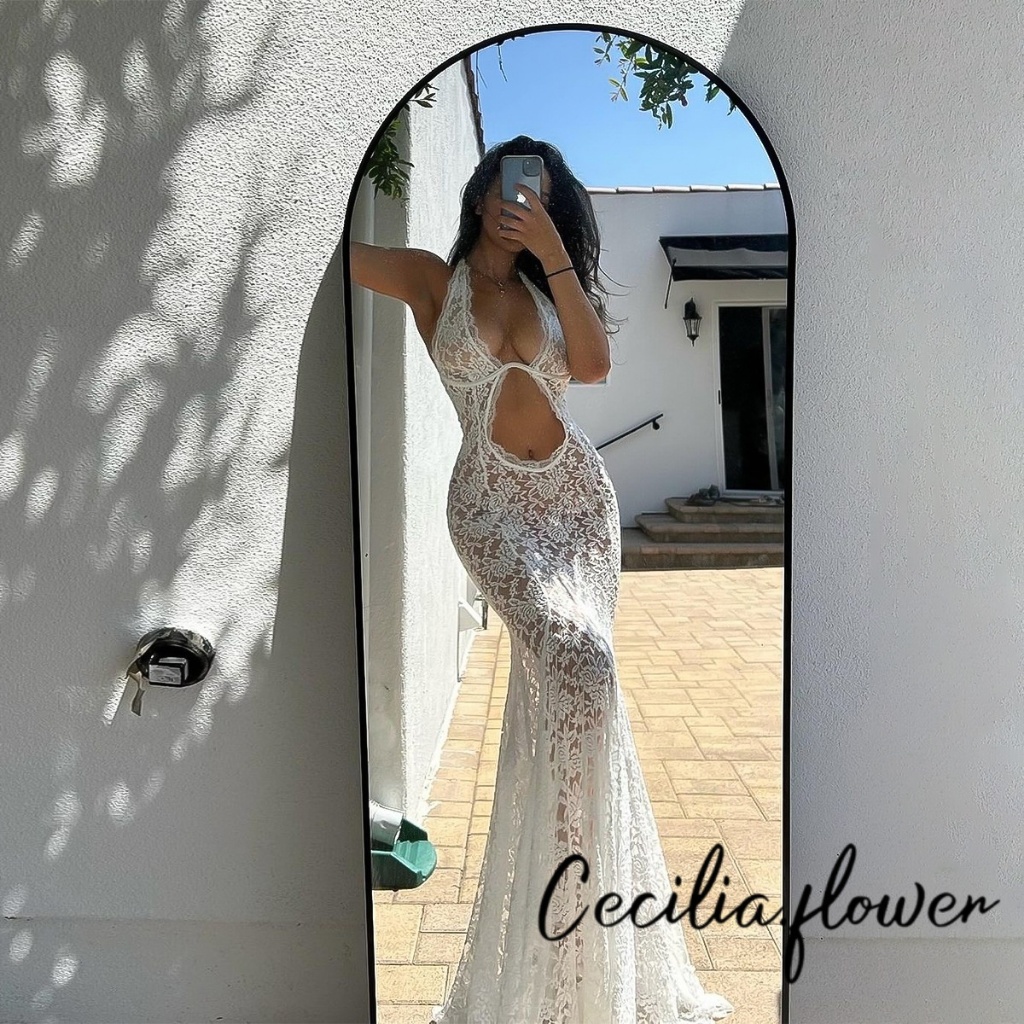 Phụ Nữ Mùa Hè Gợi Cảm Ren Sheer Lưới Không Tay Dây Cổ Bodycon Dài Đuôi Cá Đầm