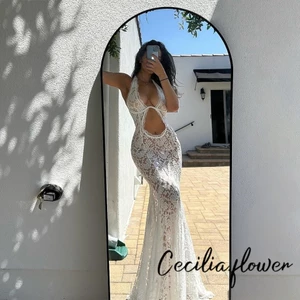 Phụ Nữ Mùa Hè Gợi Cảm Ren Sheer Lưới Không Tay Dây Cổ Bodycon Dài Đuôi Cá Đầm