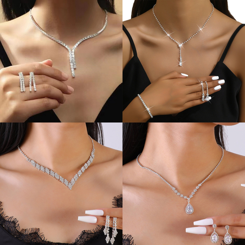 Ars 2 Chiếc Đơn Giản Hình Học Zircon Vòng Cổ Bộ Bông Tai Nữ Cưới Cô Dâu Bộ Trang Sức Phụ Kiện Quà Tặng VN