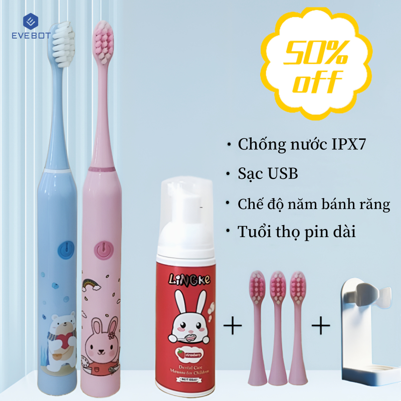 Ảnh EVEBOT Bàn chải đánh răng điện trẻ em, Bàn chải đánh răng lông mềm rung siêu âm, Vệ sinh răng miệng, Chống nước IPX7, Sạc USB, 5 cấp độ có thể điều chỉnh 1