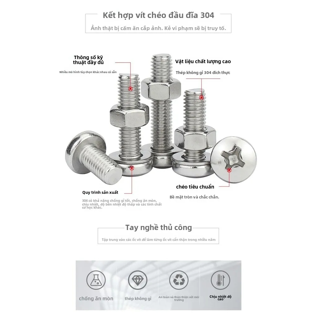 Bộ đai ốc Vít đầu tròn chữ thập thép không gỉ 304 M3M4M5M6 Bộ đai ốc