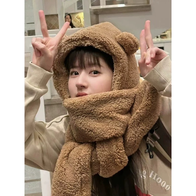 Ảnh Mũ Lông Tai Gấu Kèm Khăn Quàng Cổ Bao Tay 3 Trong 1 Ấm Áp Mũ Len Tai Mèo Mũ Quàng Cổ Khăn Quàng Cổ 4