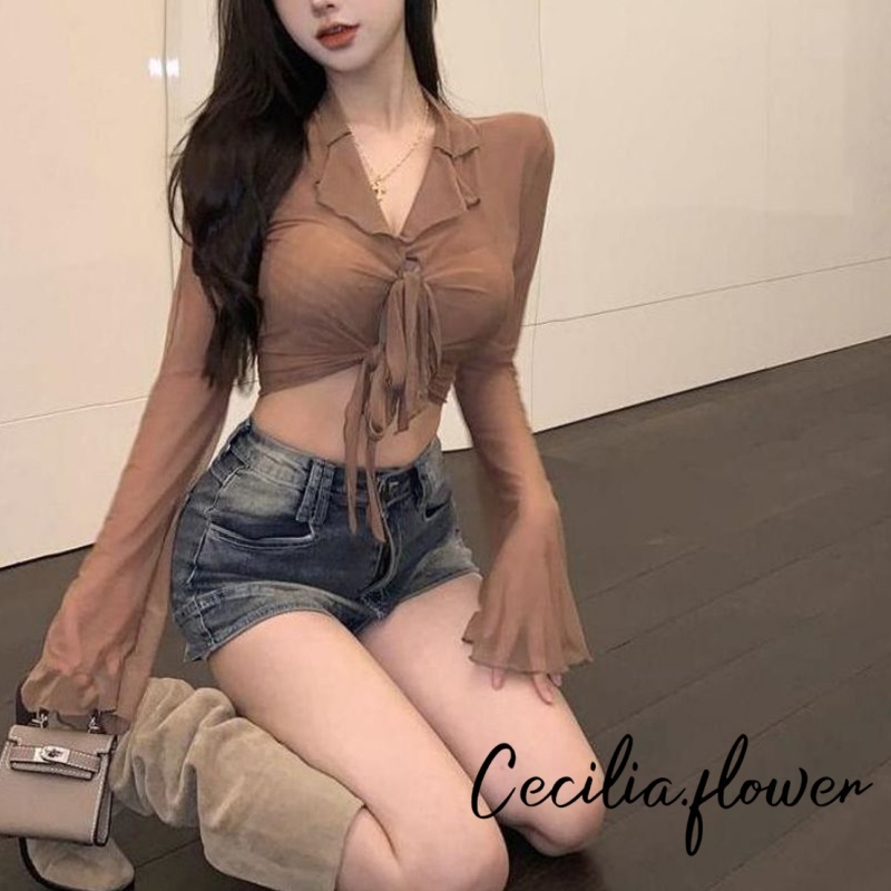 Rjqu-áo Crop top thời trang hoang dã dành cho nữ Lưới màu trơn Micro xuyên thấu cổ tròn loe Áo thun dài tay Slim Fit Dạo phố