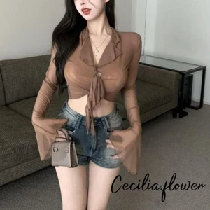 Rjqu-áo Crop top thời trang hoang dã dành cho nữ Lưới màu trơn Micro xuyên thấu cổ tròn loe Áo thun dài tay Slim Fit Dạo phố