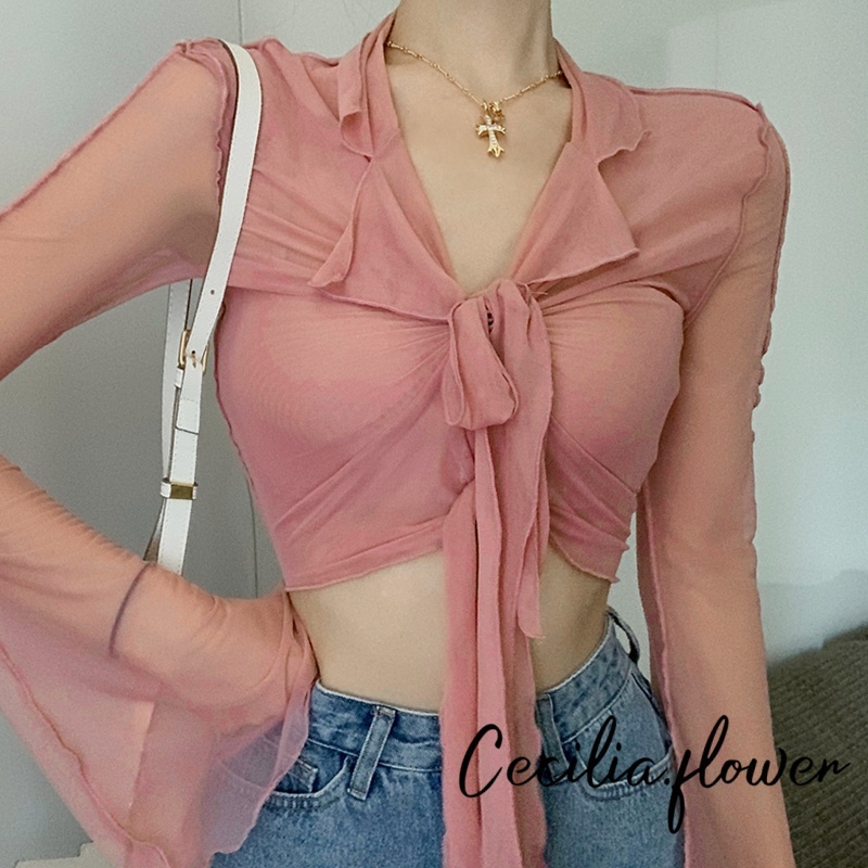 Rjqu-áo Crop top thời trang hoang dã dành cho nữ Lưới màu trơn Micro xuyên thấu cổ tròn loe Áo thun dài tay Slim Fit Dạo phố