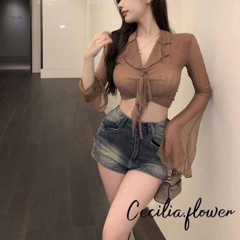 Rjqu-áo Crop top thời trang hoang dã dành cho nữ Lưới màu trơn Micro xuyên thấu cổ tròn loe Áo thun dài tay Slim Fit Dạo phố