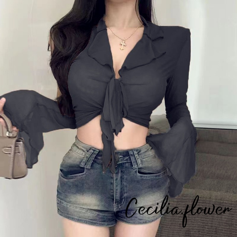 Rjqu-áo Crop top thời trang hoang dã dành cho nữ Lưới màu trơn Micro xuyên thấu cổ tròn loe Áo thun dài tay Slim Fit Dạo phố