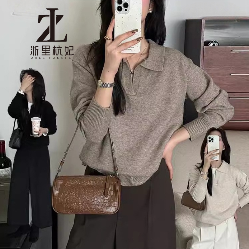 ZHELIHANGFEI Hàn Quốc Mới Nữ Màu Trơn Dệt Kim Cổ Áo Len Dài Tay