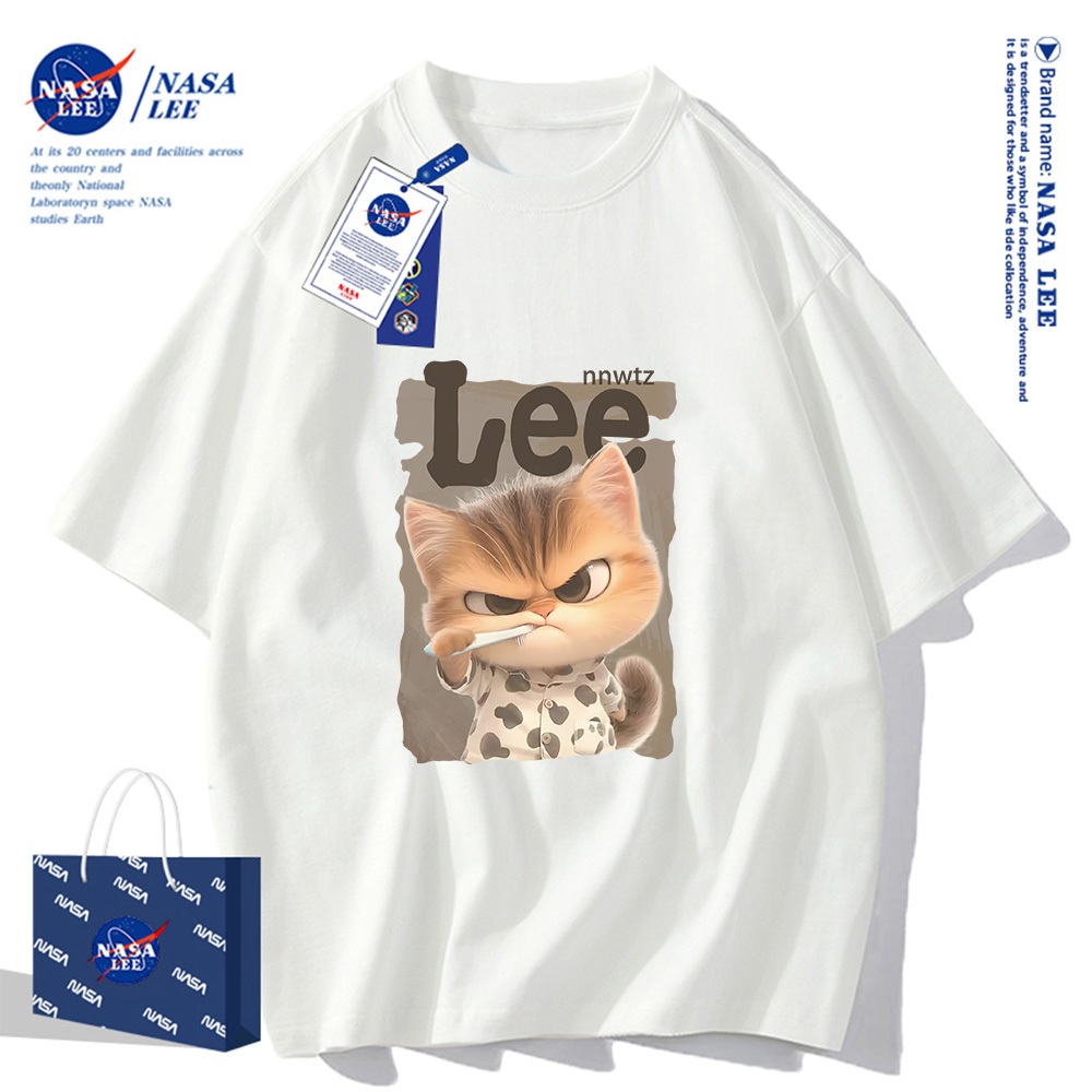 Áo thun ngắn tay NASA - Họa tiết mèo trợn mắt, chất liệu cotton, phù hợp cho cả nam và nữ