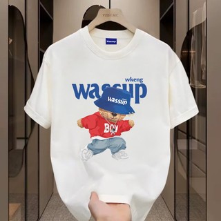 ✨Hàng có sẵn✨ WASSUP Blue Hat Little Bear-Áo thun nam mới! 100% cotton, thời trang, Unisex
