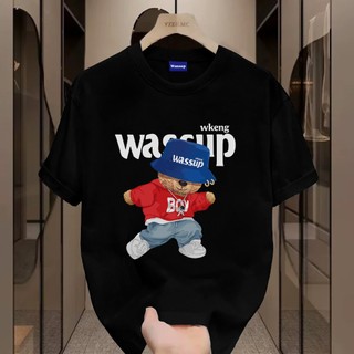 ✨Hàng có sẵn✨ WASSUP Blue Hat Little Bear-Áo thun nam mới! 100% cotton, thời trang, Unisex