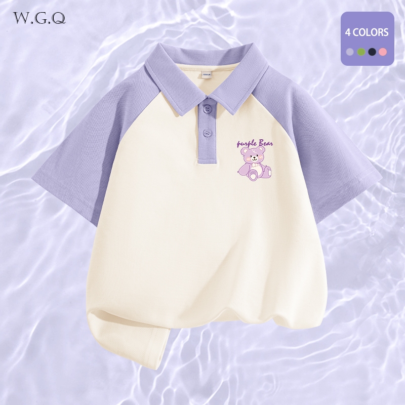 W.G.Q  Áo thun  Bé Gái , Áo Sơ Mi Raglan Màu Sắc Tương Phản, Thoải Mái Thoáng Khí Có In Hình