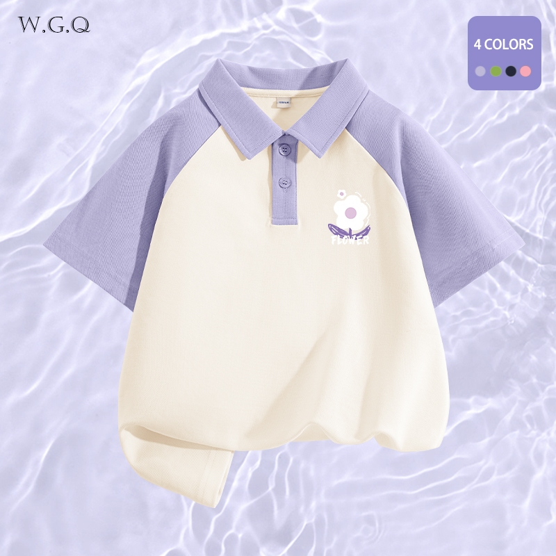 W.G.Q  Áo thun  Bé Gái , Áo Sơ Mi Raglan Màu Sắc Tương Phản, Thoải Mái Thoáng Khí Có In Hình