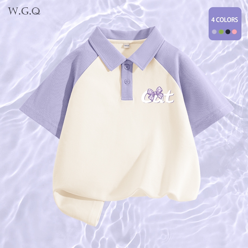W.G.Q  Áo thun  Bé Gái , Áo Sơ Mi Raglan Màu Sắc Tương Phản, Thoải Mái Thoáng Khí Có In Hình
