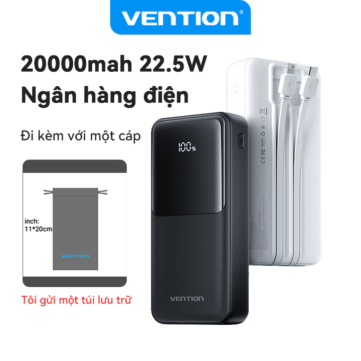 Vention Sạc Dự Phòng 20000mAh Chính Hãng Có Sạc Nhanh PD22.5W 2 Cổng Type-C+Lightning, Pin sạc dự phòng Màn LED Trắng Hiển Thị Thiết Kế Nhỏ Gọn Cho Du Lịch