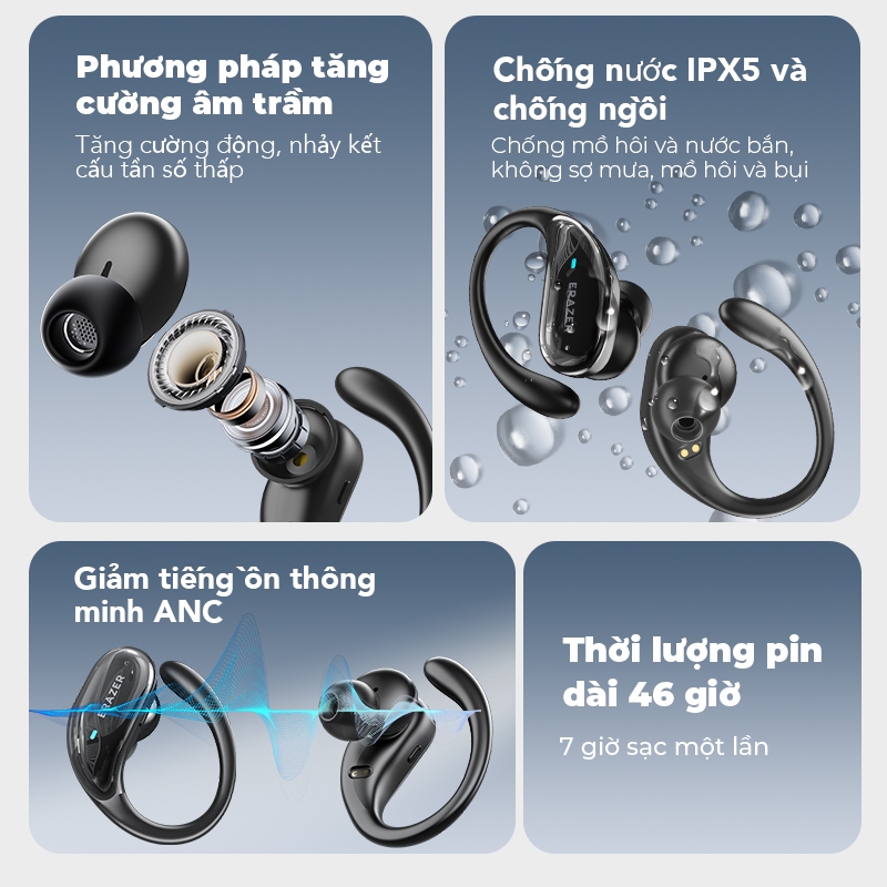 ERAZER XT80 Pro AI bị lỗi Tai nghe Bluetooth ANC khử tiếng ồn thông minh kết cấu tần số thấp Tai nghe không dây IPX5 tai nghe thể thao chống nước | BigBuy360 - bigbuy360.vn
