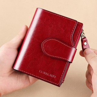 Banyanu Retro Dầu Sáp Da Ví Ngắn Da Thật Nữ Gấp Thẻ Đa Năng Ví Đựng Tiền Xu