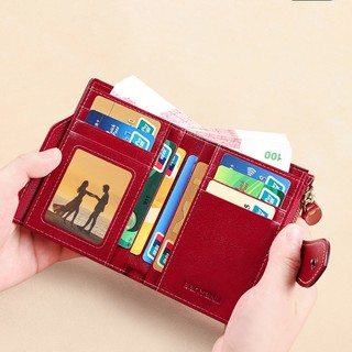 Banyanu Retro Dầu Sáp Da Ví Ngắn Da Thật Nữ Gấp Thẻ Đa Năng Ví Đựng Tiền Xu