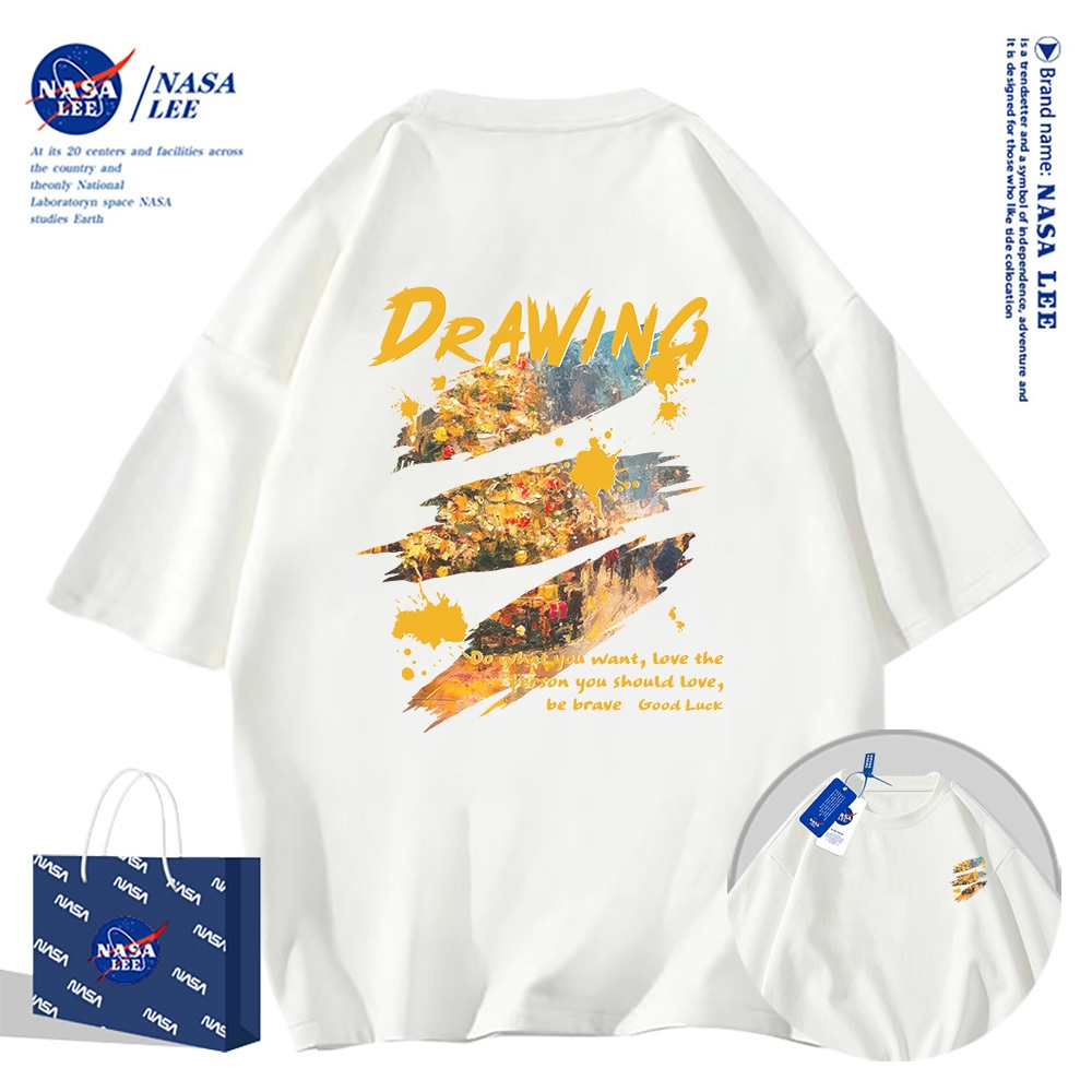 Áo thun ngắn tay NASA họa tiết tranh sơn dầu cổ điển, cotton, phù hợp cho cả nam và nữ