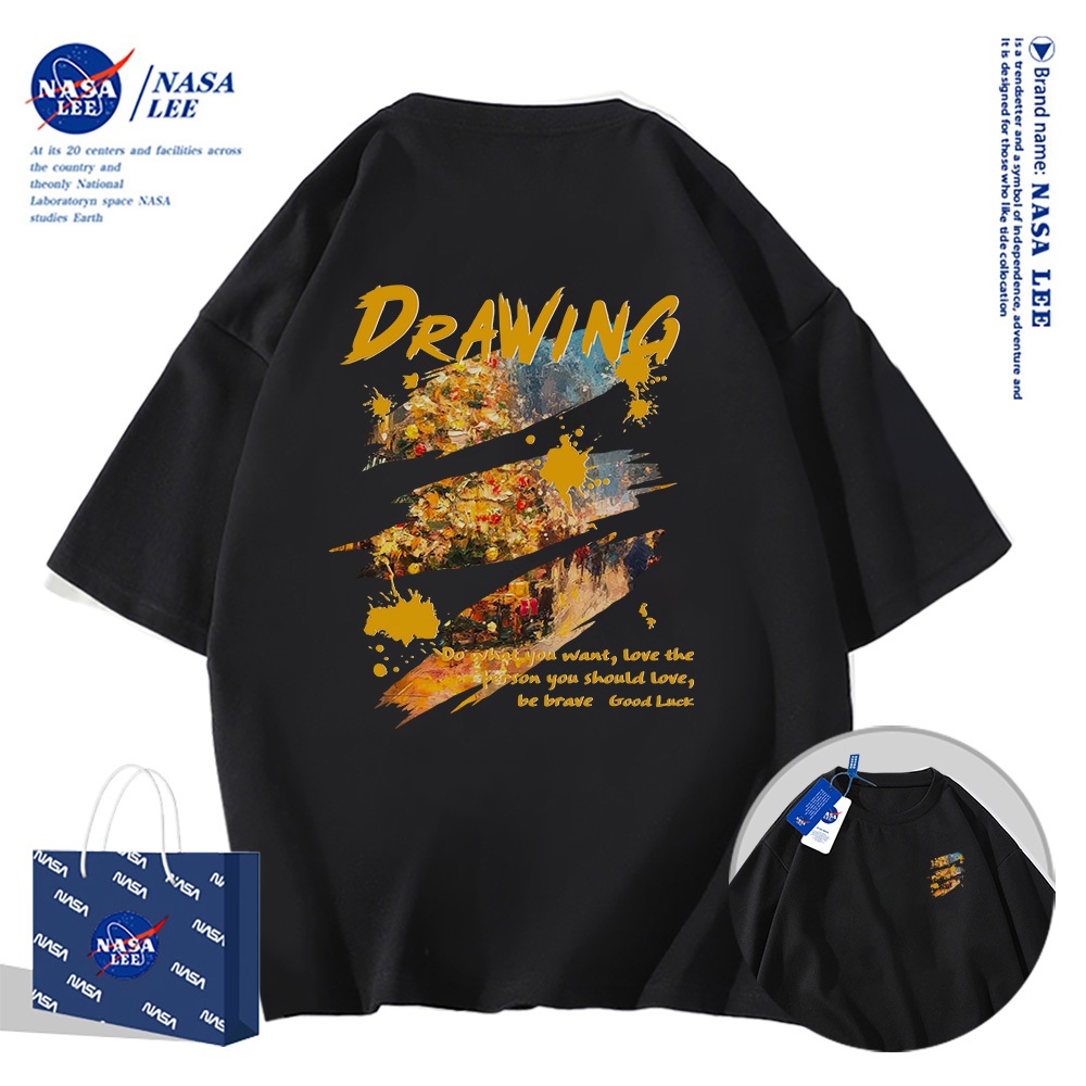 Áo thun ngắn tay NASA họa tiết tranh sơn dầu cổ điển, cotton, phù hợp cho cả nam và nữ