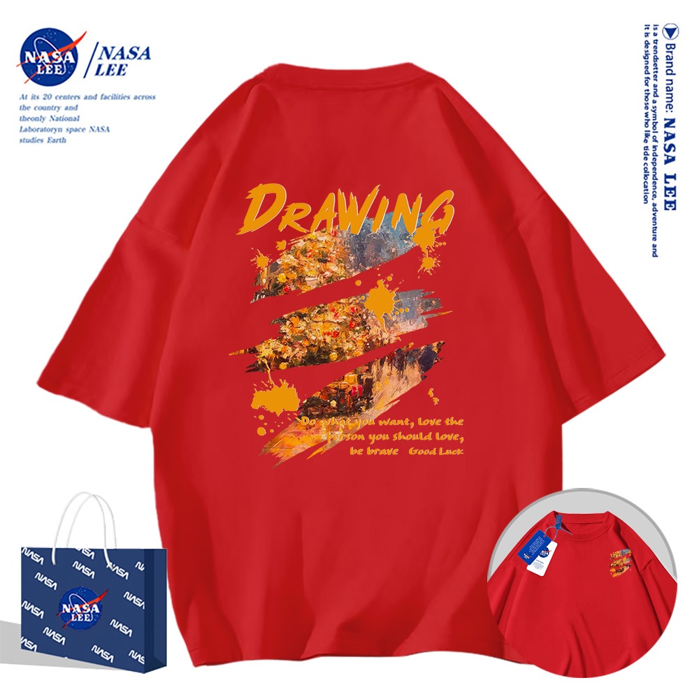 Áo thun ngắn tay NASA họa tiết tranh sơn dầu cổ điển, cotton, phù hợp cho cả nam và nữ