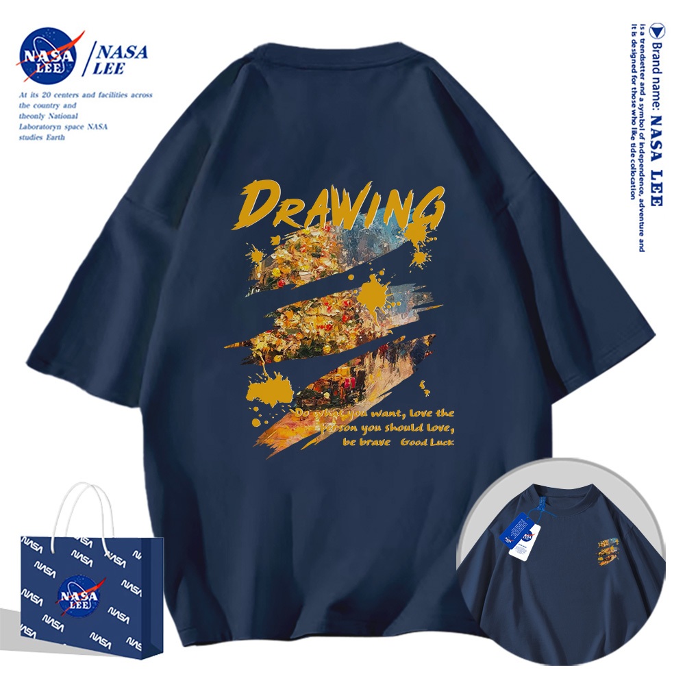 Áo thun ngắn tay NASA họa tiết tranh sơn dầu cổ điển, cotton, phù hợp cho cả nam và nữ