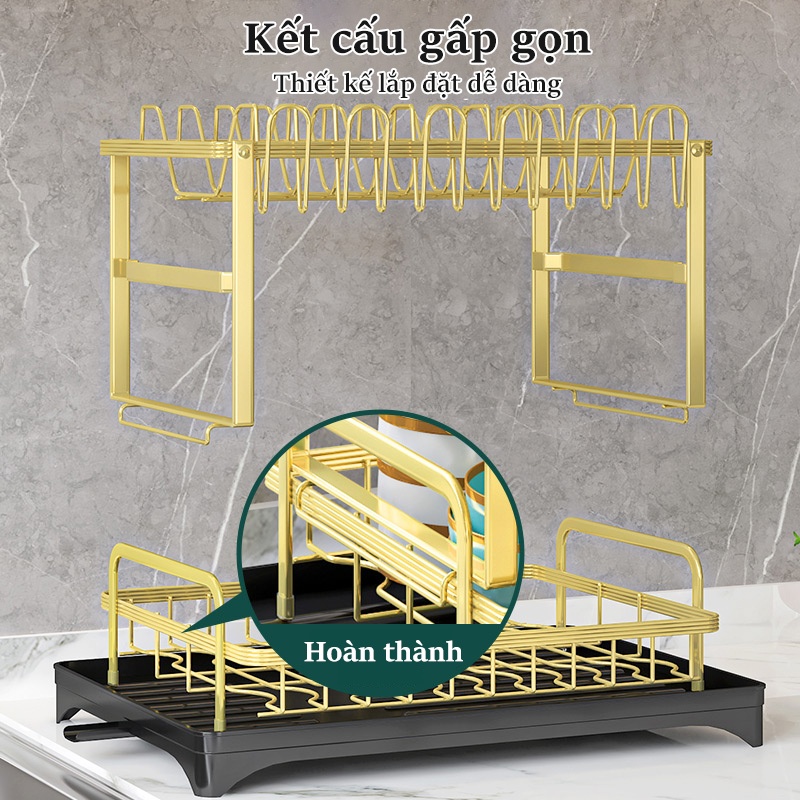 Cambond Kệ bát đĩa thoát nước có khay, giá để bát đĩa cốc có thể điều chỉnh, tổ chức mặt bàn nhà bếp