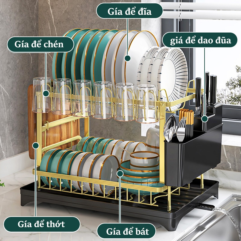 Cambond Kệ bát đĩa thoát nước có khay, giá để bát đĩa cốc có thể điều chỉnh, tổ chức mặt bàn nhà bếp