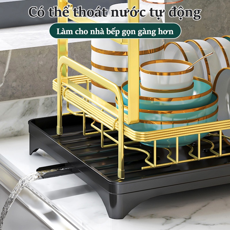 Cambond Kệ bát đĩa thoát nước có khay, giá để bát đĩa cốc có thể điều chỉnh, tổ chức mặt bàn nhà bếp