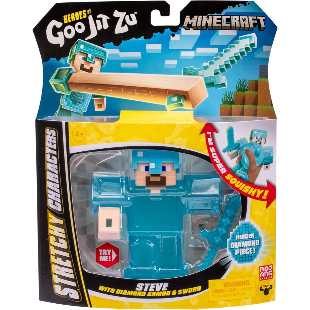 Heroes of Goo Jit Zu Minecraft Nhân vật co giãn, Steve với Giáp kim cương & Thanh kiếm, Super Squishy Goo lấp đầy với mảnh kim cương ẩn bên trong nhân vật hành động