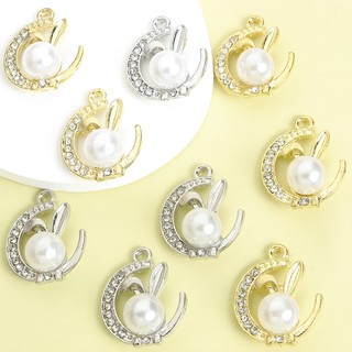 10 chiếc Bùa hình mặt trăng & thỏ tinh tế dễ thương đính đá, khảm ngọc trai - Mặt dây chuyền thỏ chúc ngủ ngon cho vòng cổ DIY Bông tai vòng tay - Quà tặng tiệc Phục sinh cho gia đình và bạn bè