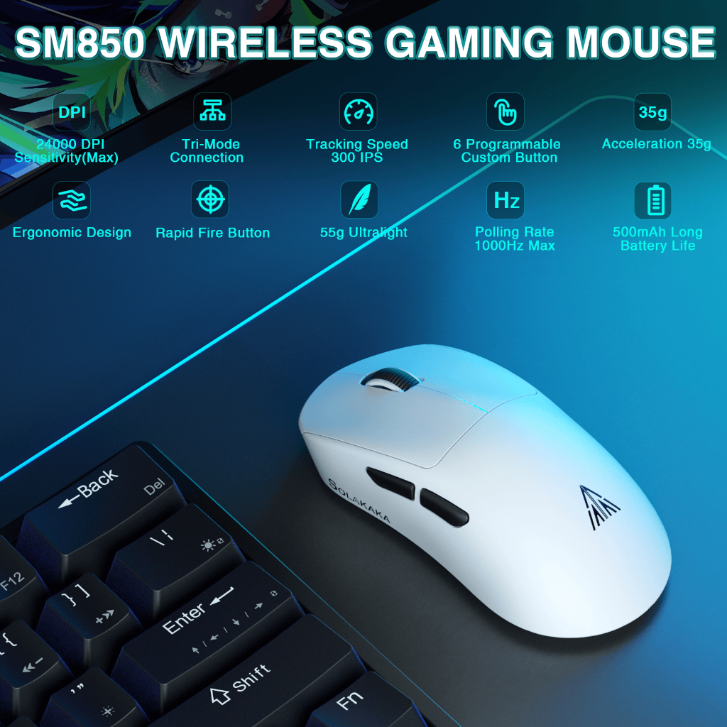 Chuột không dây SOLAKAKA SM850 50g chuột nhẹ Bluetooth5.1 / 2.4G / Chuột tiện dụng có dây Cấp độ 6 DPI quang hỗ trợ trò chơi văn phòng | BigBuy360 - bigbuy360.vn