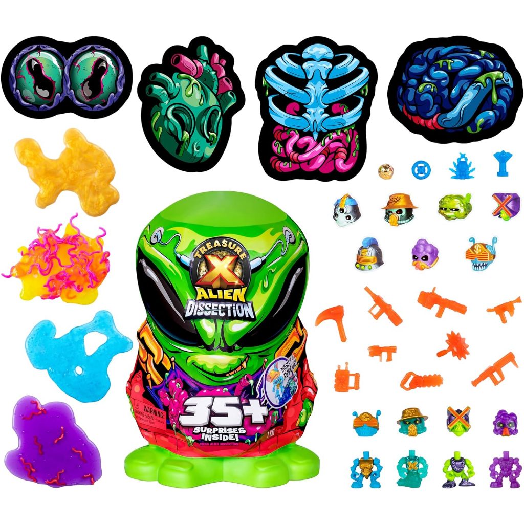 Treasure X Mega Alien Disection với 35 Plus Những điều bất ngờ bên trong Giải cứu người ngoài hành tinh cao 12 "The 4 thợ săn kho báu ngoài hành tinh Khám phá vũ khí, nhãn dán, Plus 4 kẻ phản bội ngoài hành tinh