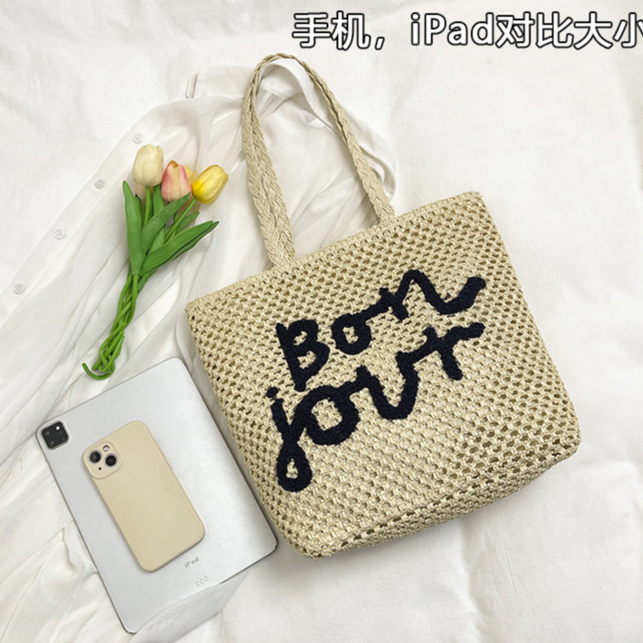 Túi tote nữ phong cách ngày lễ đi biển, ống hút vai, thêu vai, thiết kế rỗng, dung tích lớn