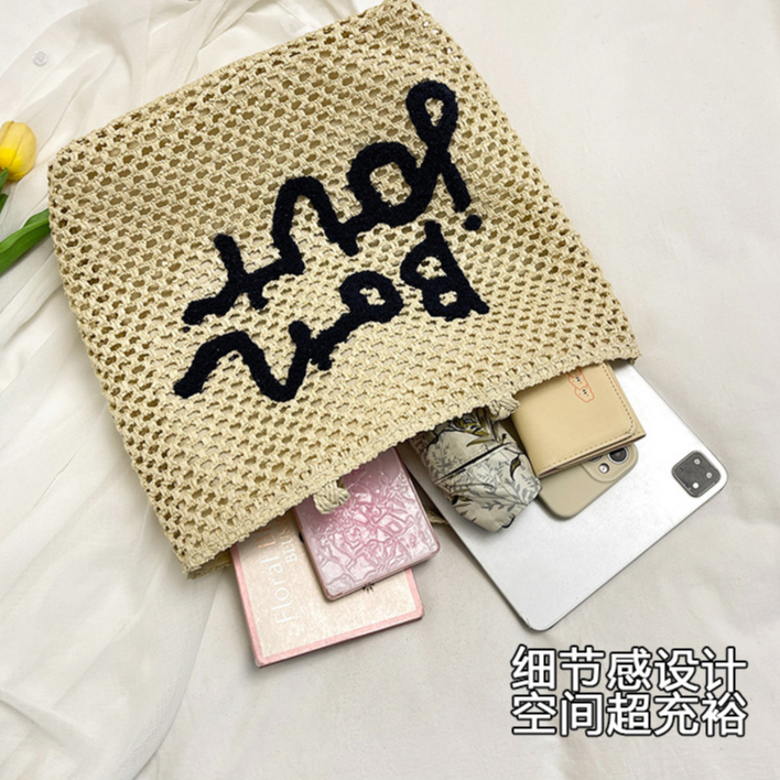 Túi tote nữ phong cách ngày lễ đi biển, ống hút vai, thêu vai, thiết kế rỗng, dung tích lớn