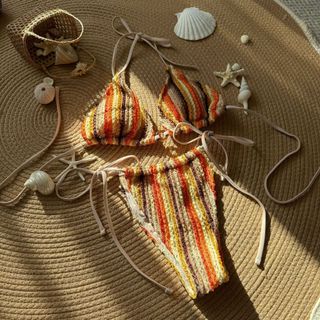 Đồ Bơi Nữ Nhiều Màu Sắc Đan Sọc Phong Cách Dân Tộc Dây Hai Mảnh Bikini Đồ Bơi