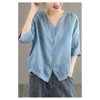 Vải lanh Cotton nữ tay ngắn cổ chữ V dáng rộng