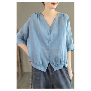 Áo sơ mi dáng rộng cổ chữ V tay ngắn bằng vải lanh Cotton dành cho nữ Quần áo thường ngày